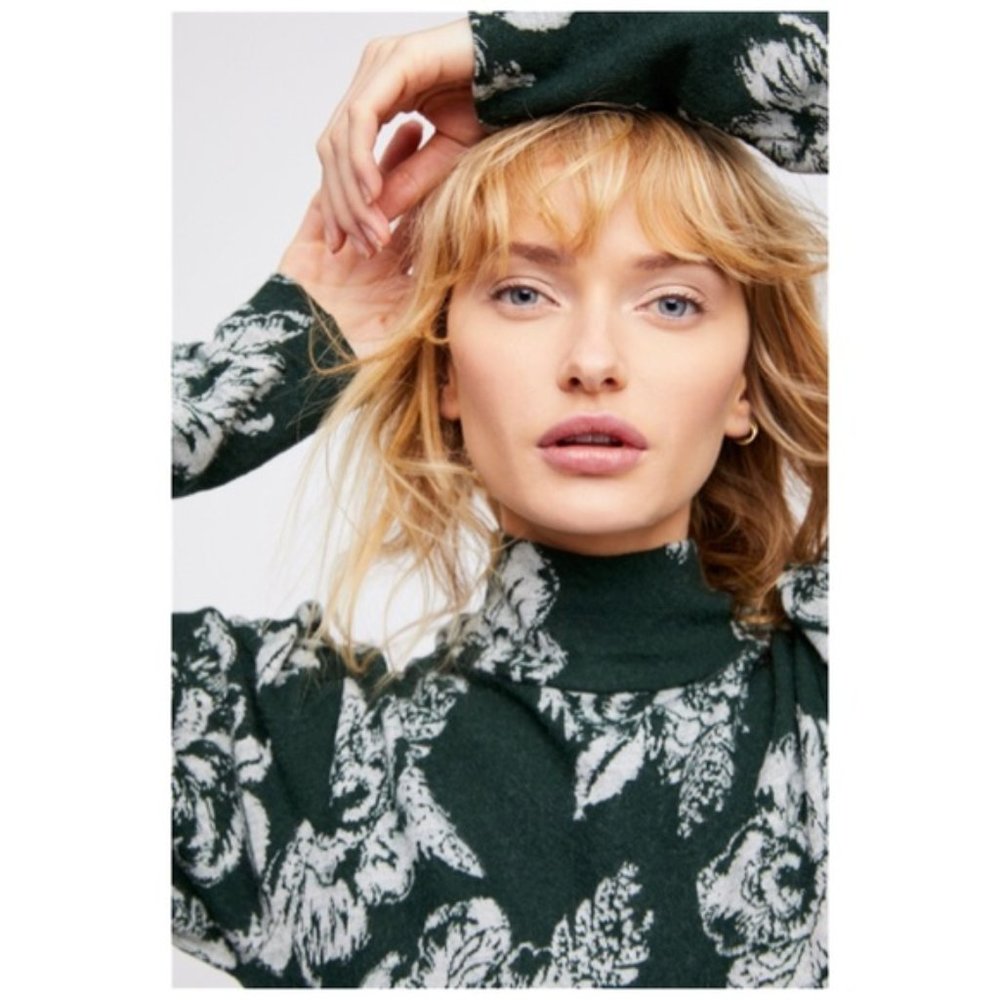 FREE PEOPLE Dress Long Sleeve Mini Sweater Wool Mock Neck Floral Boho Green XS - Picture 3 of 10